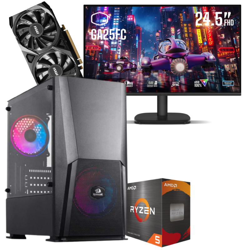 Setup Gamer Special Pc de Bureau Gaming / Ryzen 5 5500 / RTX 3050 8G / 16 Go Avec Écran Gaming Cooler Master 24.5" Full HD IPS / 120 Hz