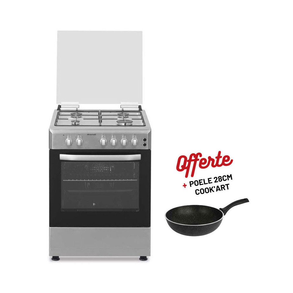 Cuisinière a Gaz Brandt BGE6241X / 4 Feux / Inox + Poêle COOK'ART 28 cm