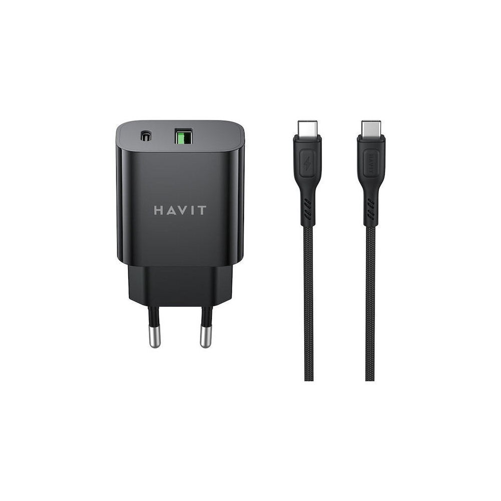 CHARGEUR SECTEUR DUAL USB-C PD20W + CABLE TYPE-C HAVIT PD60W