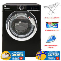 Lave linge Hoover H-WASH 300 LITE 10.5 KG Smart / 1400 trs / Noir + Séchoir à Linge et + Fer à Repasser FLORIA Gratuit