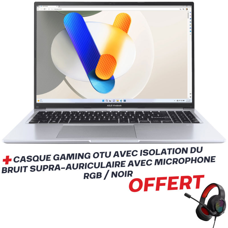 Pc Portable ASUS Vivobook 16 X1605VA / i7-13620H / 16 Go / 512 Go SSD / Windows 11 / Silver Avec Casque de Jeu OTU avec Isolation du Bruit supra-auriculaire avec Microphone / RGB / Noir Offert