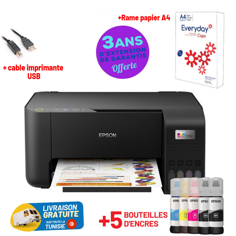 Imprimante Multifonction à réservoir intégré 3en1 couleur Epson ECOTANK L3251 / WiFi + 5 Bouteilles d'encre Epson Incluses