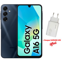 Smartphone Samsung Galaxy A16 5G / 16 Go / 256 Go / Bleu Nuit + Chargeur SAMSUNG 45W OFFERT
