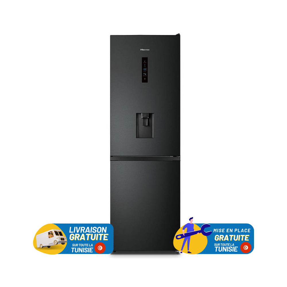 Réfrigérateur HISENSE No Frost Combiné 320 Litres / Noir avec Afficheur et Distributeur d'eau + Blender HISENSE GRATUIT