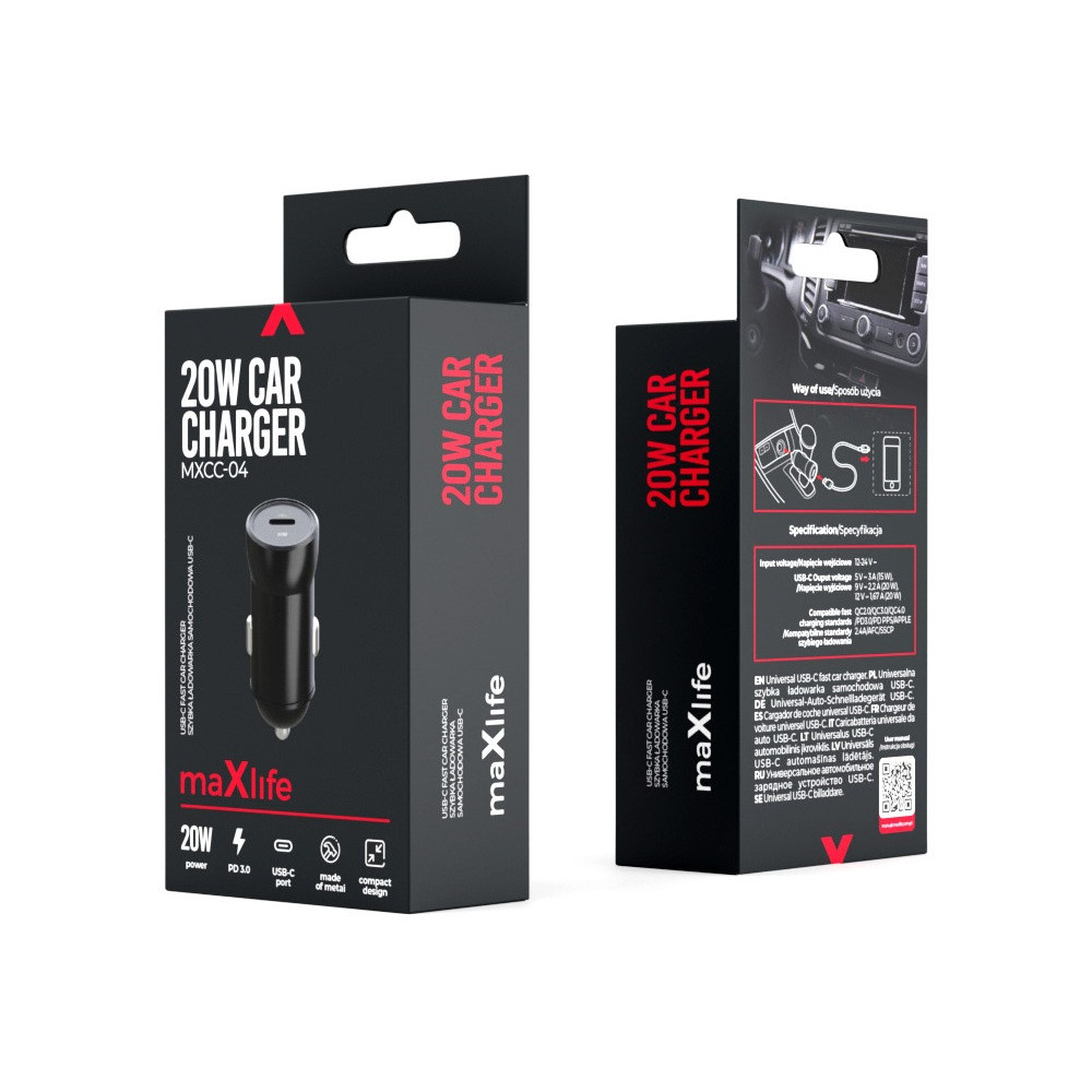 Chargeur de voiture Maxlife MXCC-04 PD QC 1x USB-C 20W / Noir