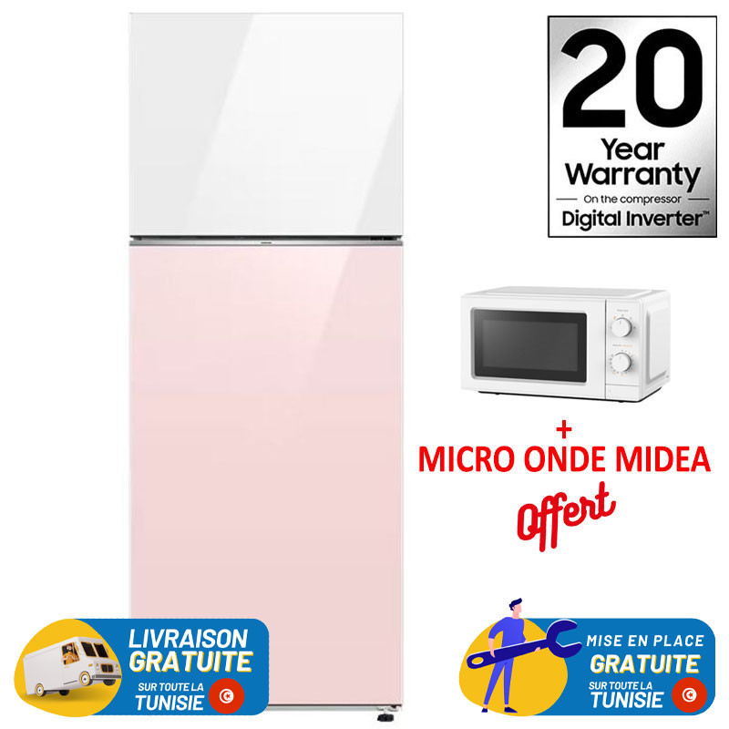 RÉFRIGÉRATEUR SAMSUNG BESPOKE No Frost INVERTER / DOUBLE PORTES / 460 Litres / ROSE & BLANC + MICRO ONDE MIDEA OFFERT