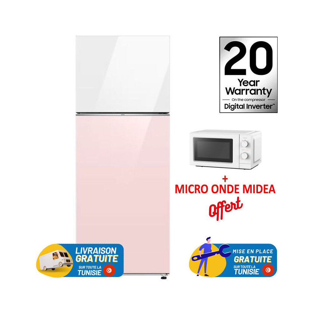 RÉFRIGÉRATEUR SAMSUNG BESPOKE No Frost INVERTER / DOUBLE PORTES / 460 Litres / ROSE & BLANC + MICRO ONDE MIDEA OFFERT