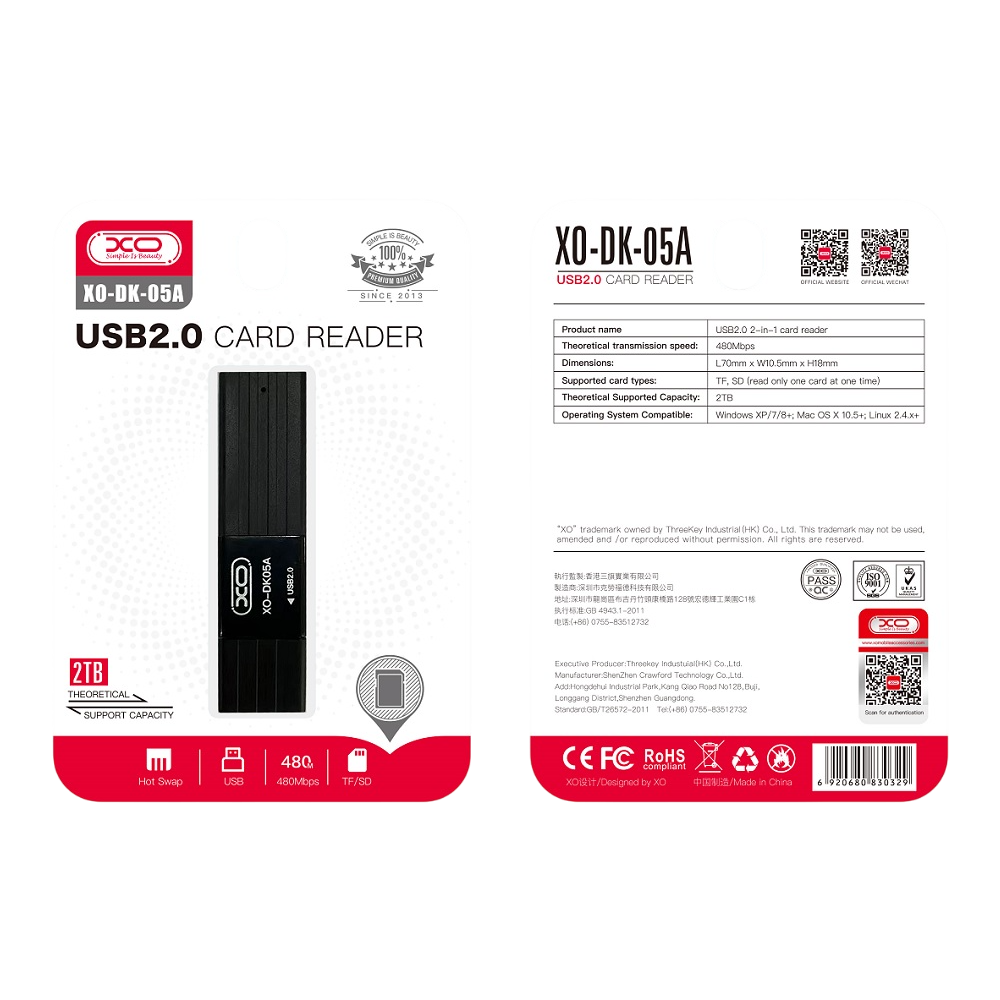 Lecteur de cartes XO 2 en 1 DK05A USB 2.0 / Noir