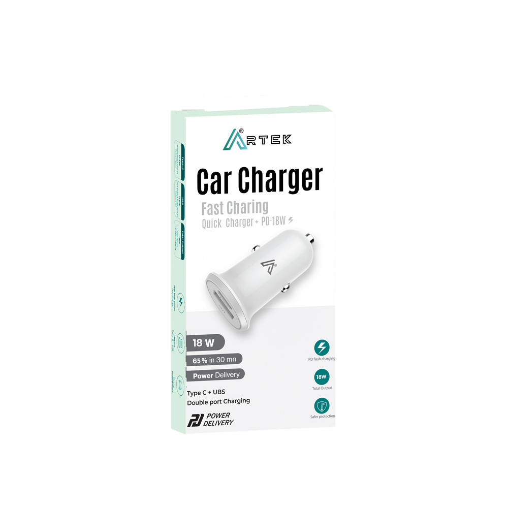 Chargeur Voiture ARTEK PD+QC Rapide 18W + 12.5W / Blanc