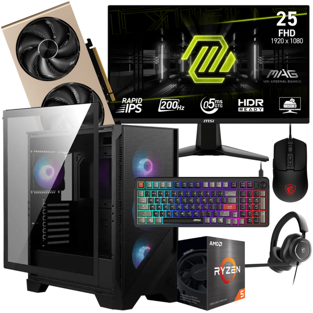 Pc de bureau Gamer ELITE / Ryzen 5 7600 / RTX 5060 8G / 16 Go DDR5 Avec Écran Gaming MSI MAG 24.5" Full HD IPS / 200 Hz