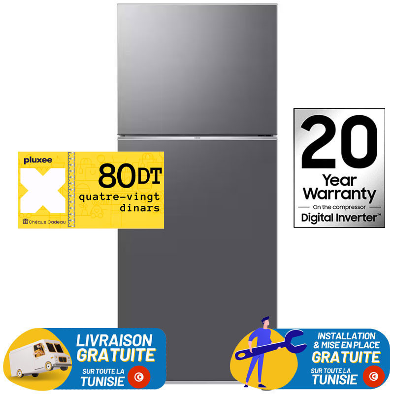 Réfrigérateur Samsung No Frost INVERTER Double Portes 388 Litres Silver + Bon d'achat PLUXEE 80DT