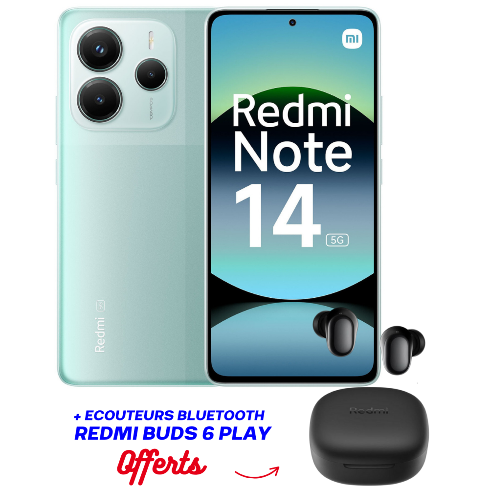 Smartphone XIAOMI Redmi Note 14 / 5G / 6 Go / 128 Go / Vert + Ecouteurs Bluetooth Redmi buds 6 play Offerts