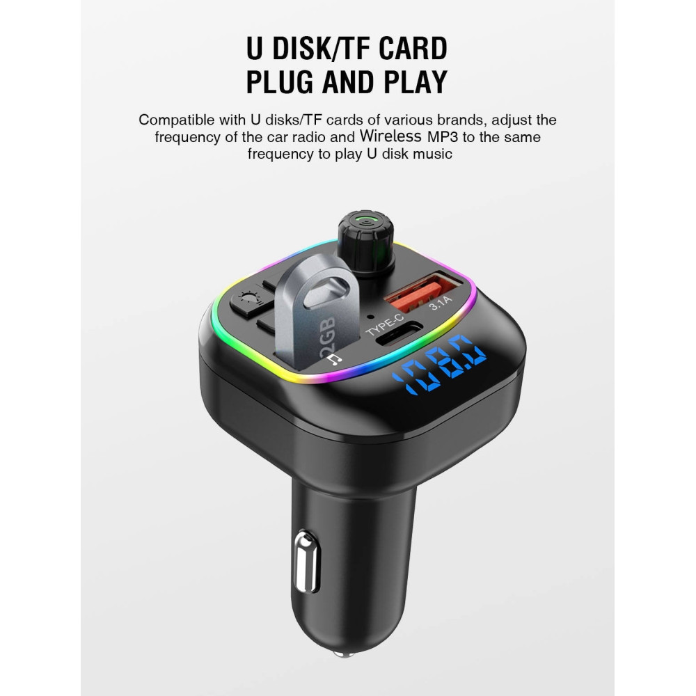 Transmetteur FM Bluetooth Pour Voiture avec Chargeur USB et Type-C M54 / Noir