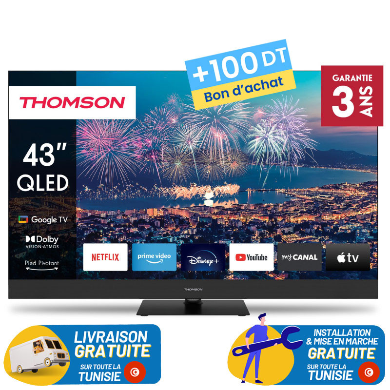 TV Thomson 43" QLED Plus Google TV avec Récepteur intégré + 100DT Bon d'achat