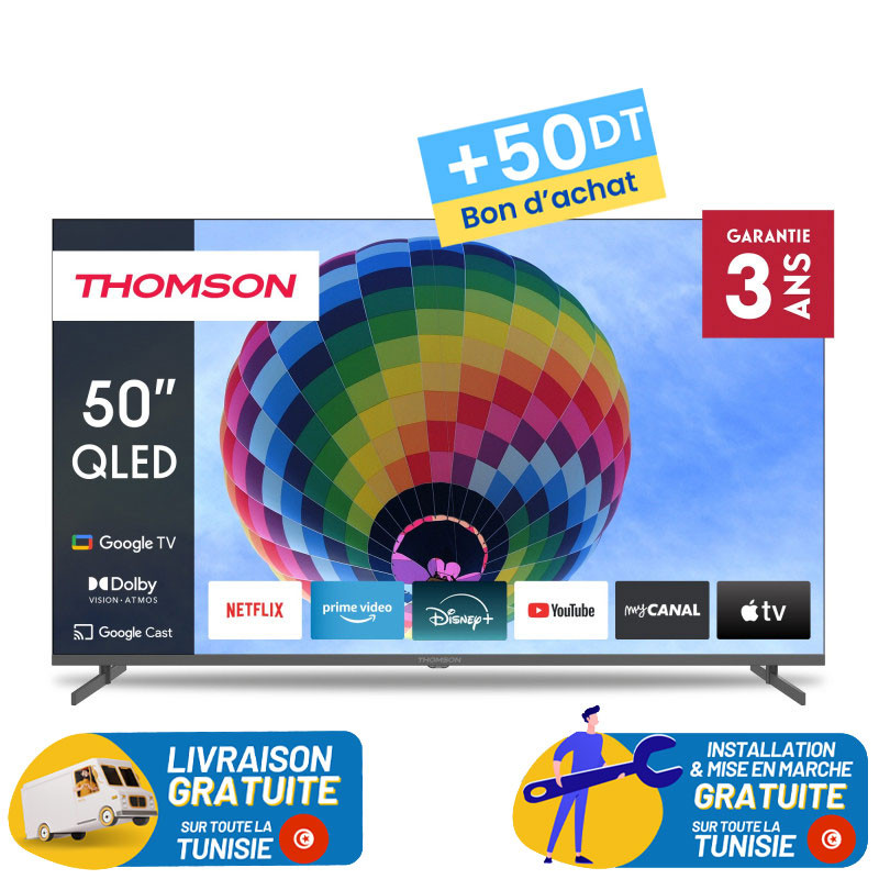 TV Thomson 50" 4K UHD QLED Side Feet - Google TV avec Récepteur Intégré + 50DT Bon d'achat