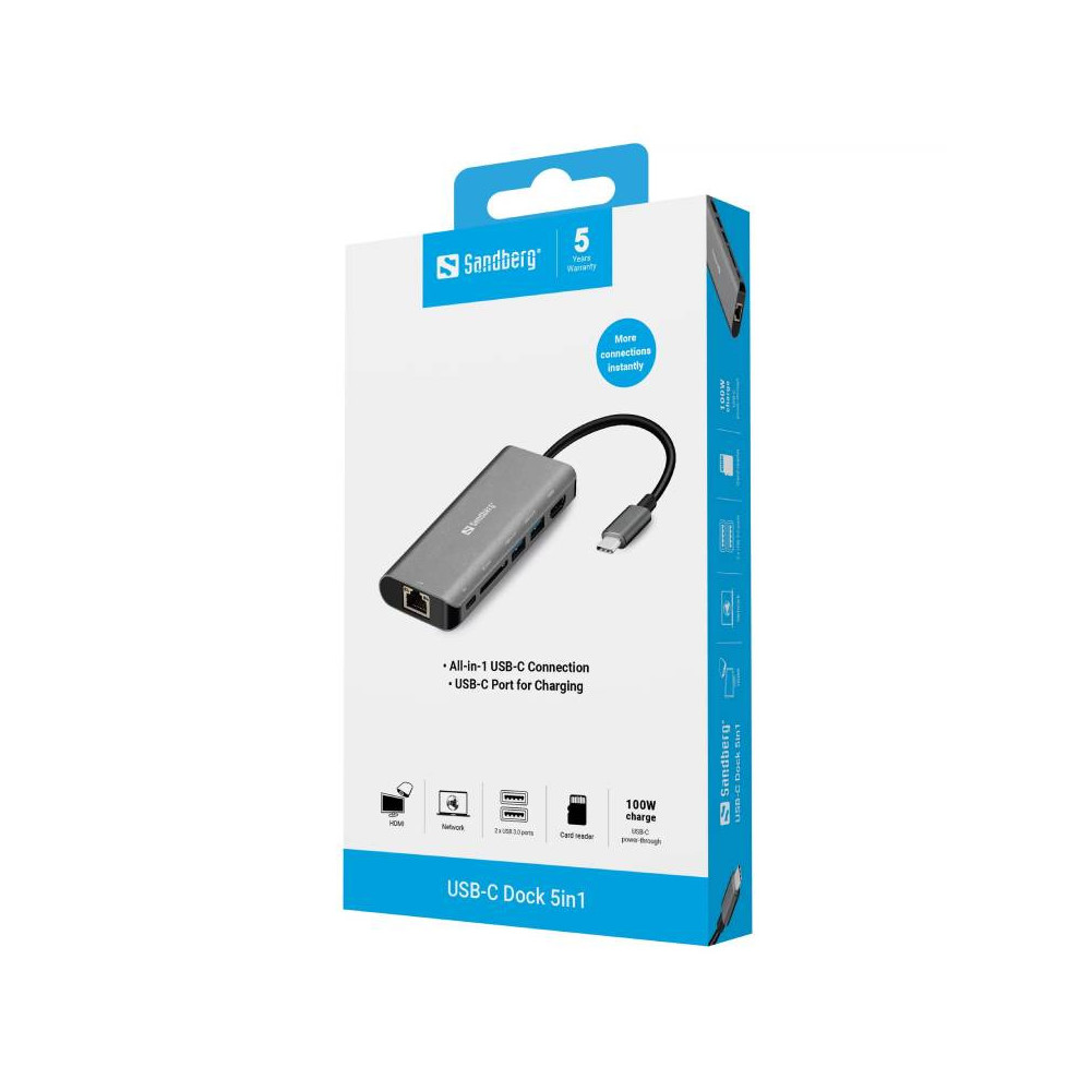 Station d'accueil SANDBERG Dock USB-C HDMI + LAN + SD + USB 100W / Gris