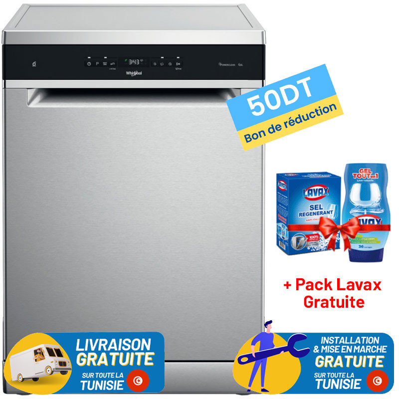 Lave vaisselle Whirlpool 14 Couverts / Inox + Pack LAVAX Gratuite + 50DT Bon de Réduction