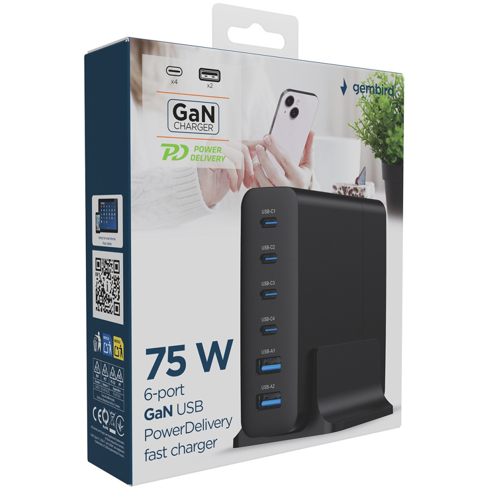 Chargeur rapide GEMBIRD USB GaN 75 W à 6 ports / noir