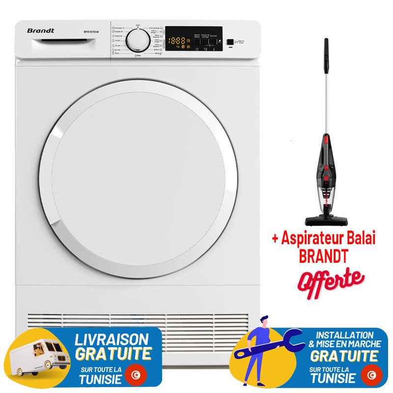 SECHE LINGE BRANDT 10 KG  Frontale BLANC / DFB1015CW + Aspirateur Balai BRANDT OFFERT