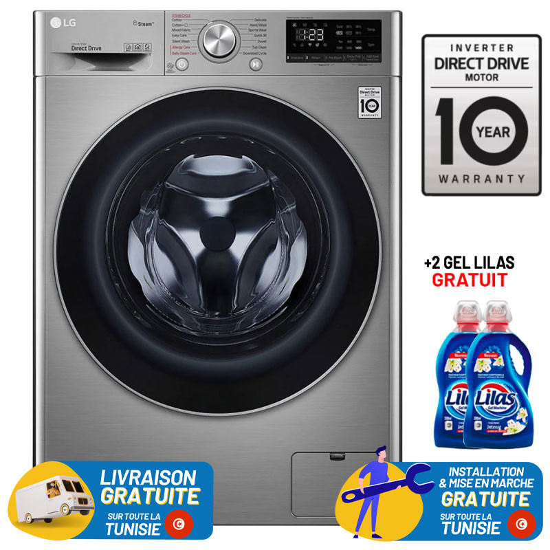 Machine à laver à Vapeur LG 9 Kg / Smart DD 6M / Silver + 2 Gel LILAS Gratuit