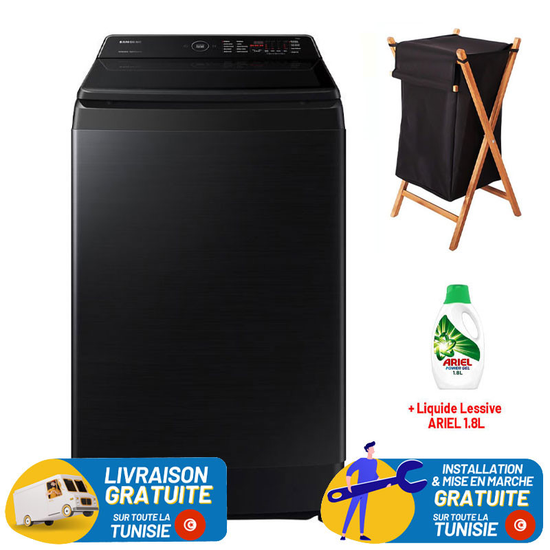 Machine à Laver Samsung 19Kg Smart INVERTER Noir + Panier à Linge + Liquide Lessive ARIEL 1.8 Litres
