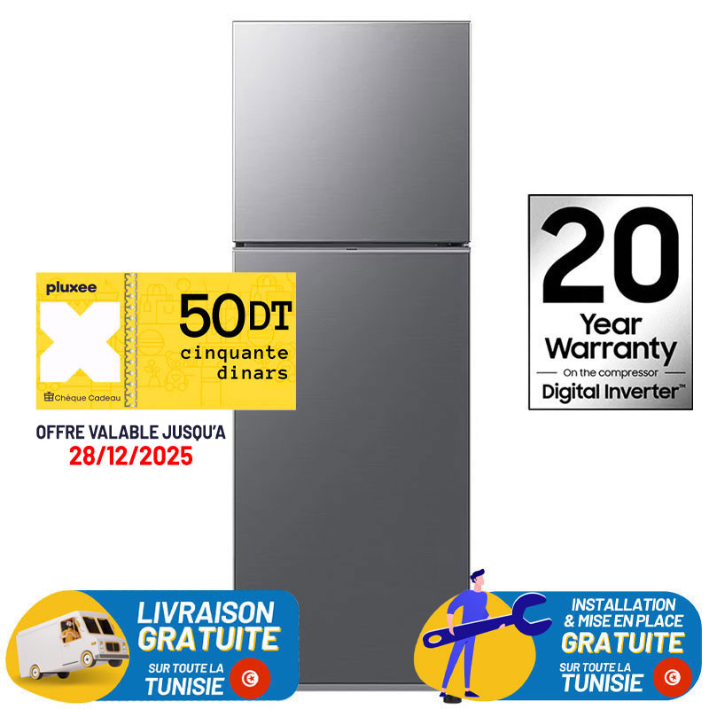 Réfrigérateur Samsung No Frost INVERTER Double Portes 308 Litres Silver + 50DT Bon d'achat PLUXEE