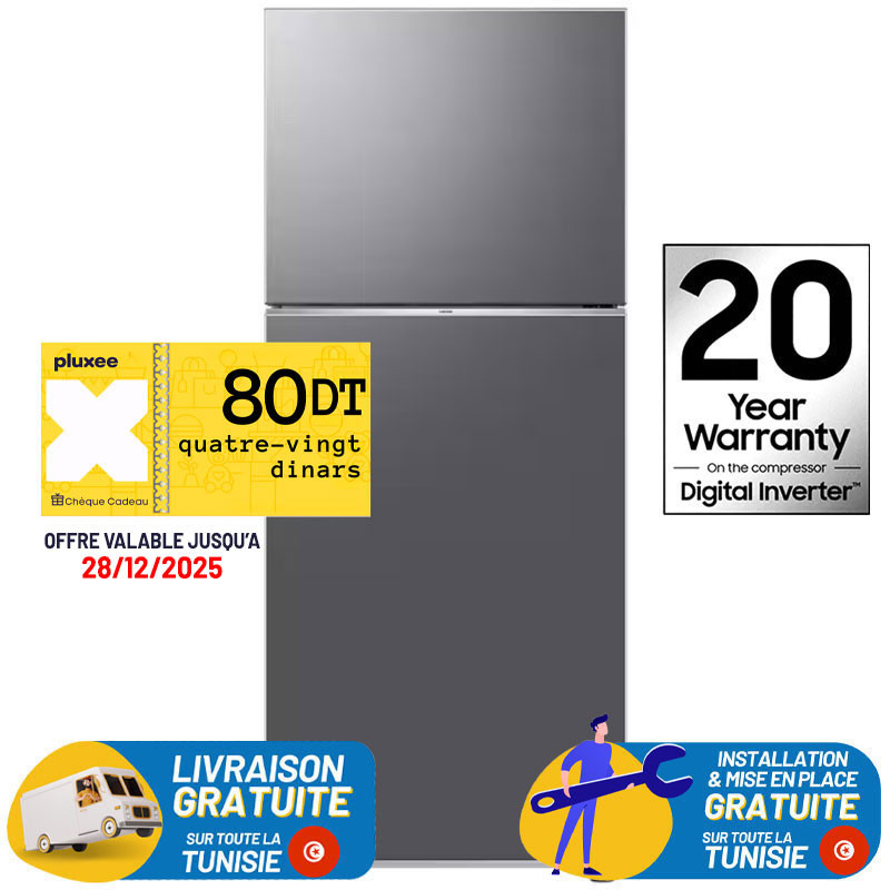 Réfrigérateur Samsung No Frost INVERTER Double Portes 388 Litres Silver + 80DT Bon d'achat PLUXEE