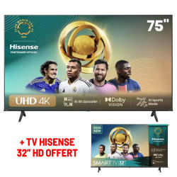 TV HISENSE 75" SMART UHD 4K AVEC TV HISENSE 32" HD OFFERT