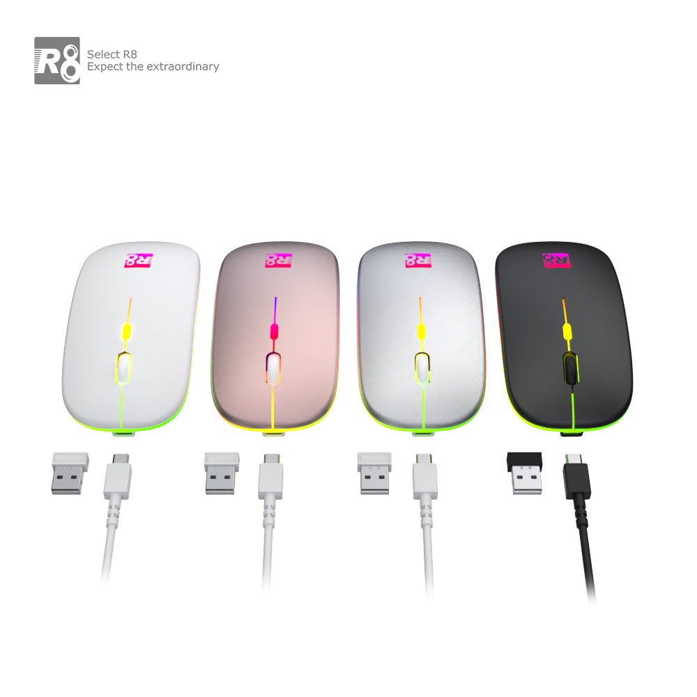 Souris sans fil Rechargeable R8 1715 avec éclairage RGB / Rose