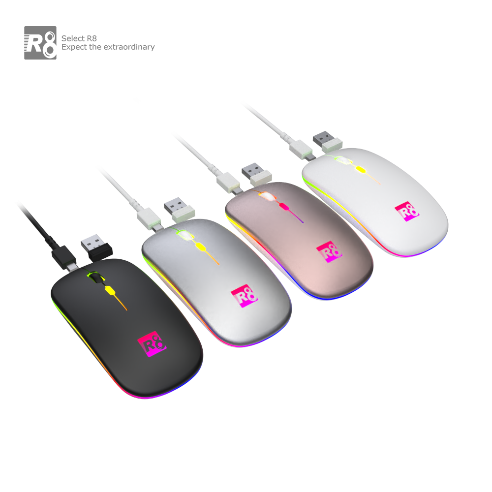 Souris sans fil Rechargeable R8 1715 avec éclairage RGB / Rose