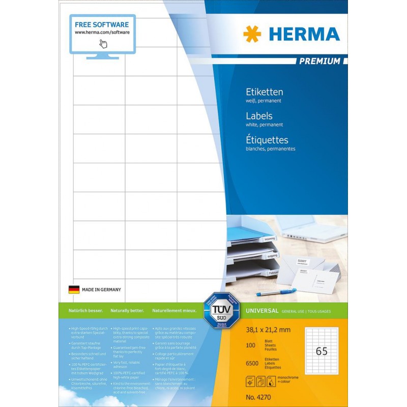 6500x Étiquettes HERMA Premium A4 / 38.1x21.2 mm