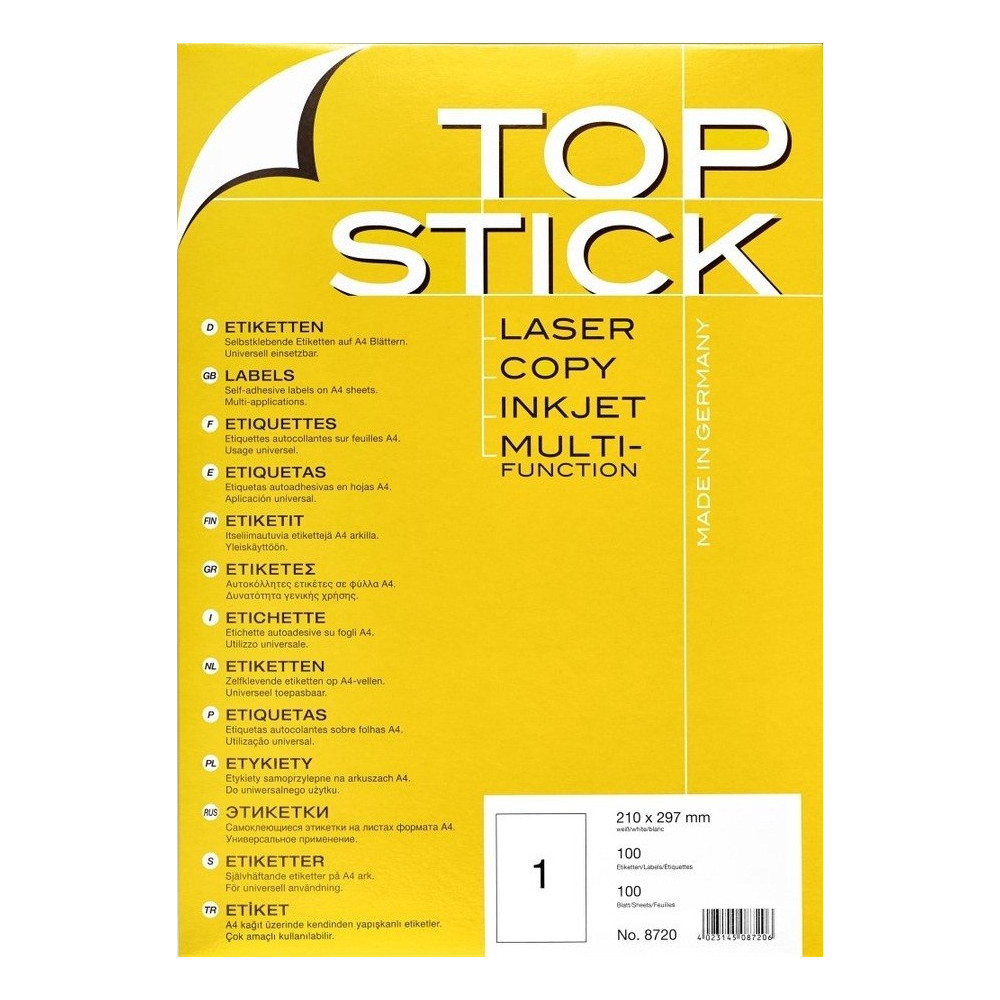 100x Etiquettes HERMA TOP STICK A4/1 / 210 x 297 mm