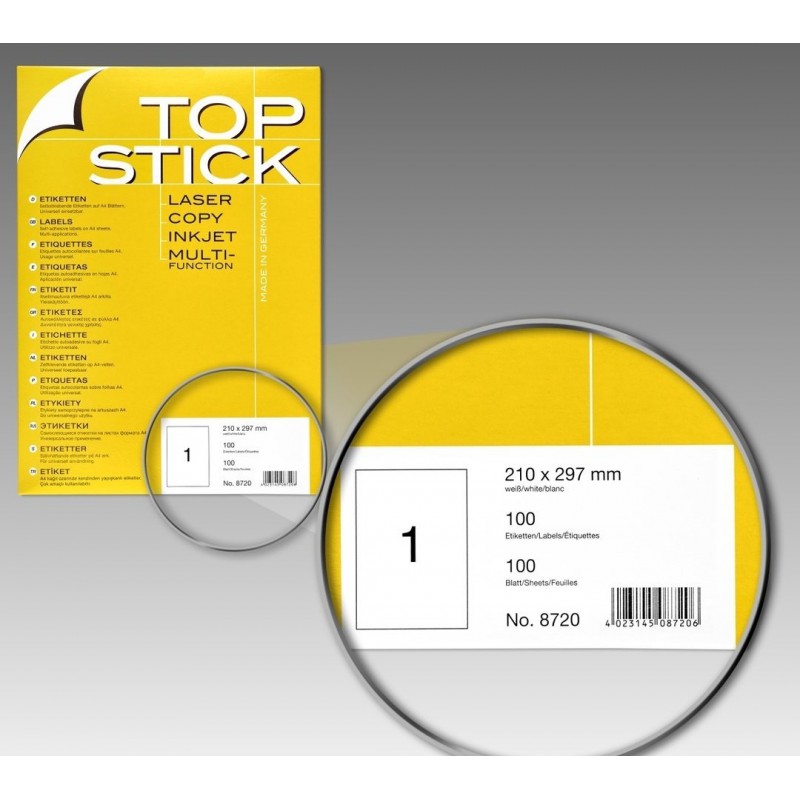 100x Etiquettes HERMA TOP STICK A4/1 / 210 x 297 mm