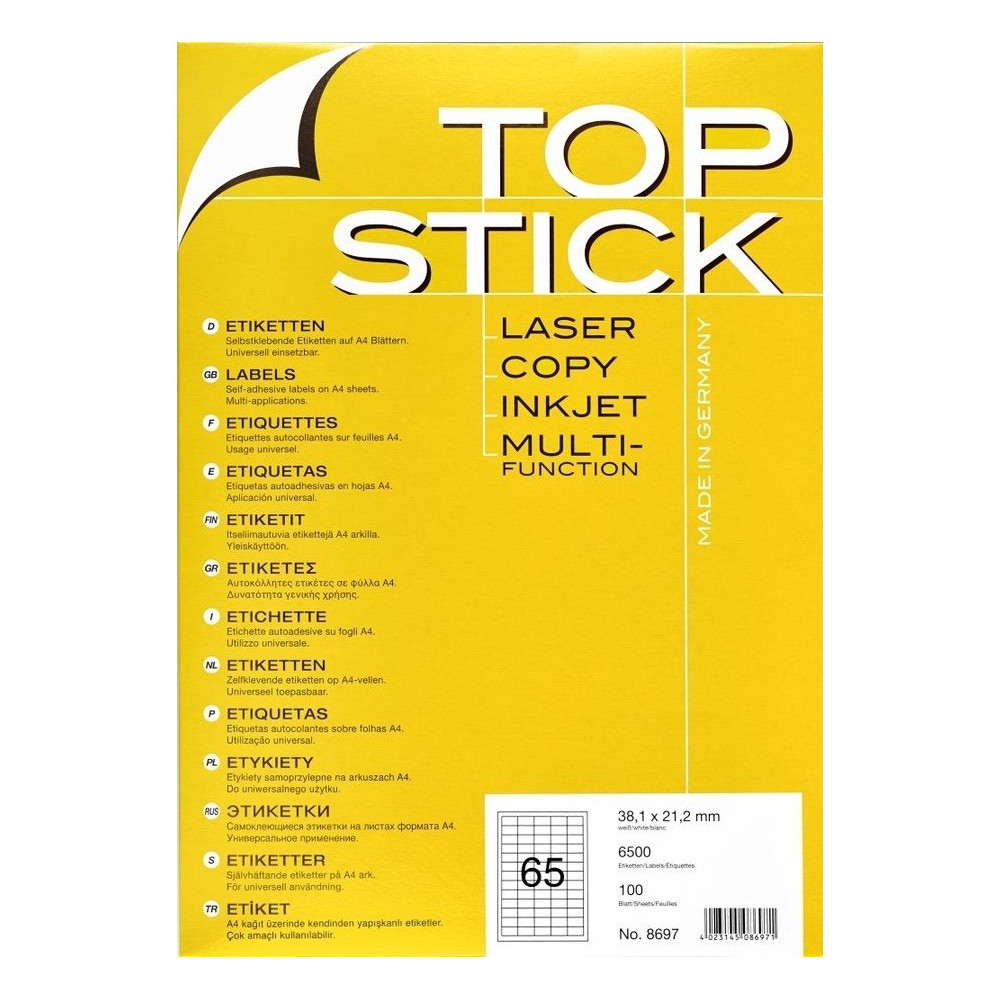 6500x Etiquettes HERMA TOP STICK A4/65 / 38.1 x 21.2 mm