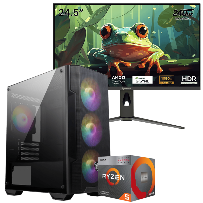 Setup Gamer Special Pc de Bureau Gaming / Ryzen 5 3400G / Vega 11 / 16 Go Avec Écran Gaming Redragon HANMON 24.5" Full HD IPS / 240 Hz