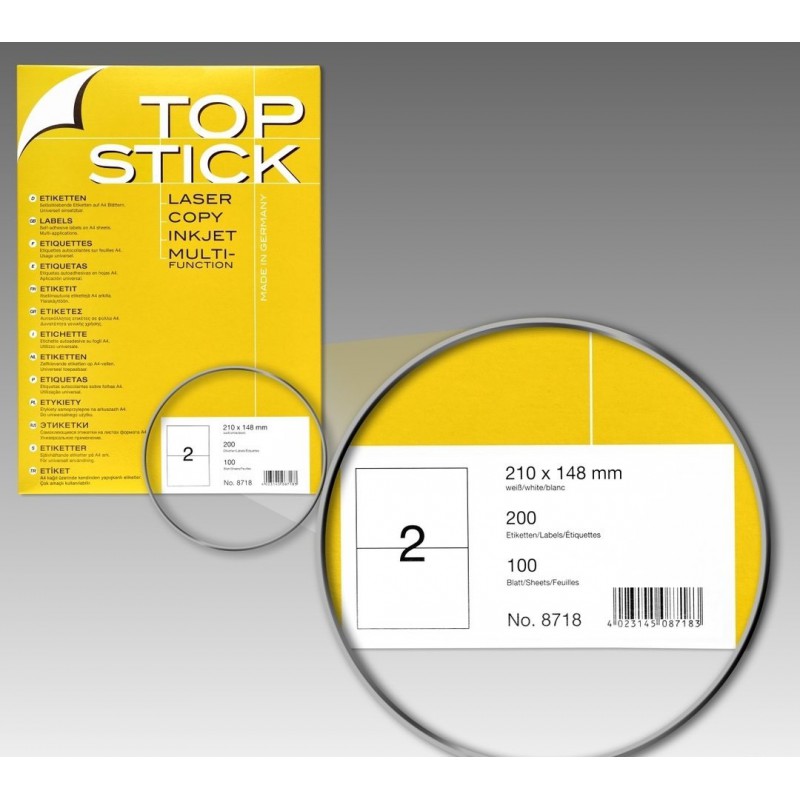 200x Etiquettes HERMA TOP STICK A4/2 / 210 x 148 mm