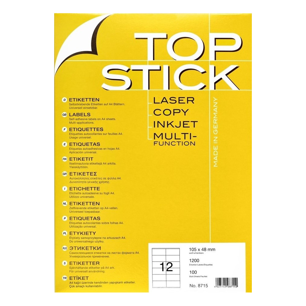 1200x Etiquettes HERMA TOP STICK A4/12 / 105 x 48 mm