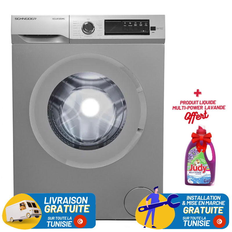 Machine à laver Frontale SCHNEIDER avec Afficheur 8 KG / Silver / SCLL810EXPS /+ Produit Liquide Multi-Power Lavande Offert