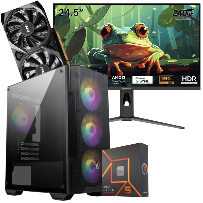 Setup Gamer Special Pc de Bureau Gaming / Ryzen 5 8400F / RTX 3050 8G / 16 Go Avec Écran Gaming Redragon HANMON 24.5" Full HD IPS / 240 Hz