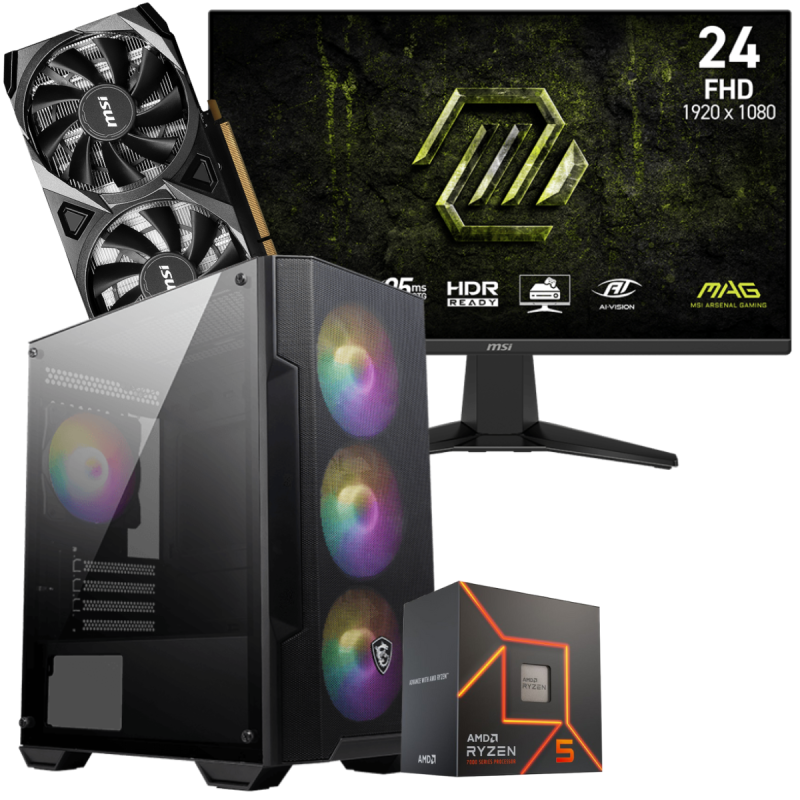 Setup Gamer Special Pc de Bureau Gaming / Ryzen 5 7600 / RTX 3050 8G / 32 Go Avec Écran Gaming MSI MAG 245F X24 24" Full HD IPS / 240 Hz