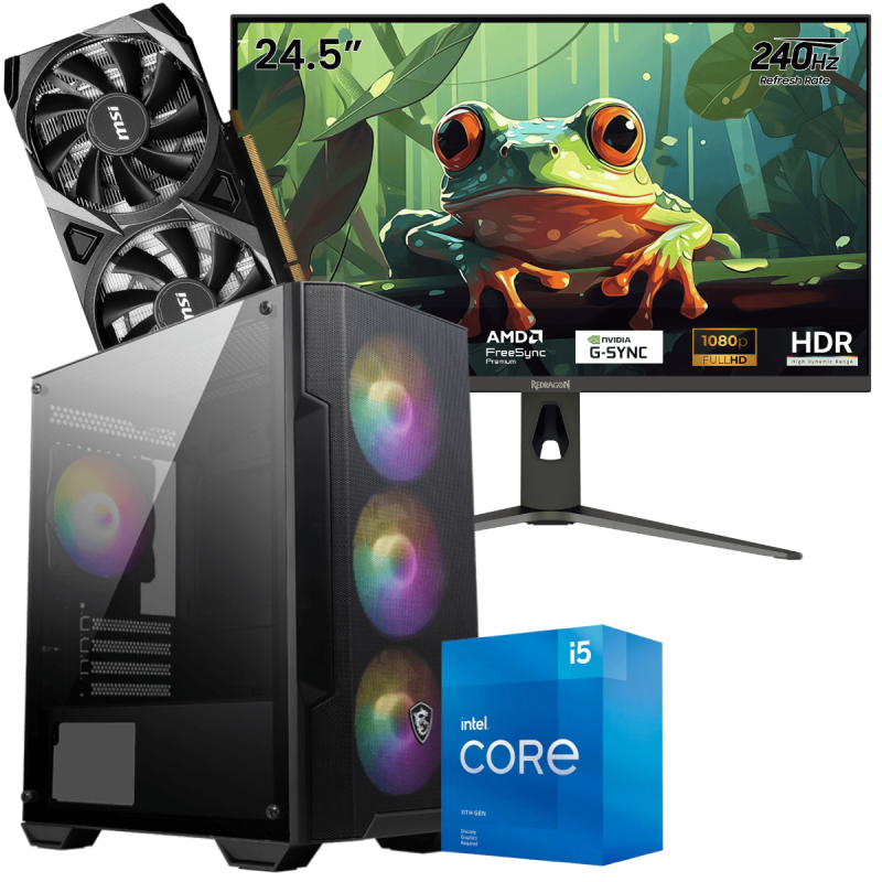 Setup Gamer Special Pc de Bureau Gaming / i5-11400F / RTX 3050 8G / 16 Go Avec Écran Gaming Redragon HANMON 24.5" Full HD IPS / 240 Hz