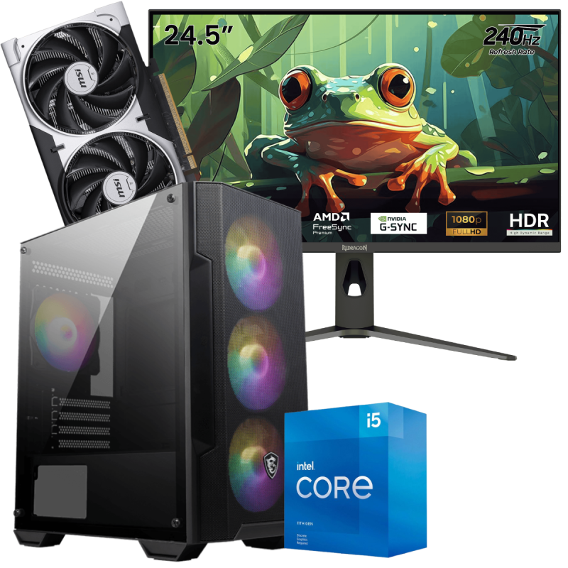 Setup Gamer Special Pc de Bureau Gaming / i5-11400F / RTX 5050 8G / 16 Go Avec Écran Gaming Redragon HANMON 24.5" Full HD IPS / 240 Hz
