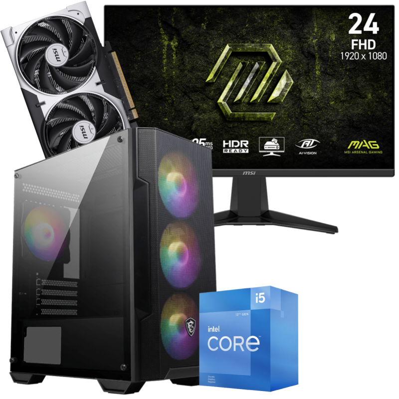 Setup Gamer Special Pc de Bureau Gaming / i5-12400F / RTX 5050 8G / 16 Go Avec Écran Gaming MSI MAG 245F X24 24" Full HD IPS / 240 Hz