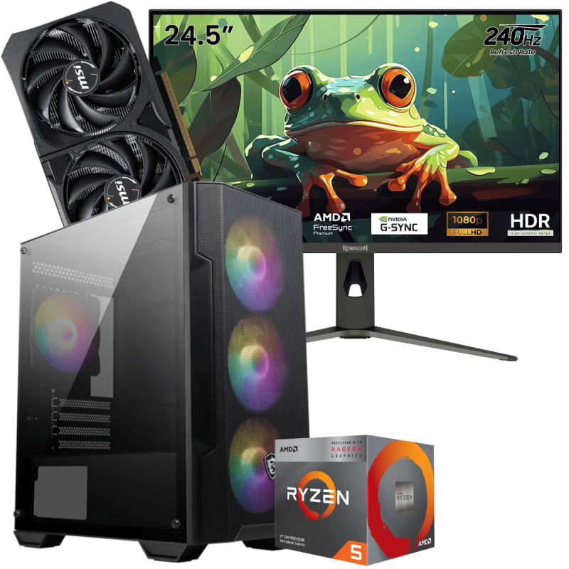 Setup Gamer Special Pc de Bureau Gaming / Ryzen 5 3600 / RTX 5060 8G / 16 Go Avec Écran Gaming Redragon HANMON 24.5" Full HD IPS / 240 Hz
