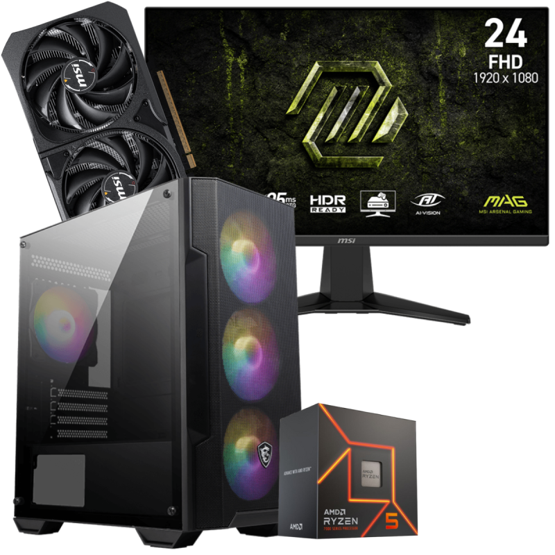 Setup Gamer Special Pc de Bureau Gaming / Ryzen 5 7600 / RTX 5060 8G / 16 Go Avec Écran Gaming MSI MAG 245F X24 24" Full HD IPS / 240 Hz