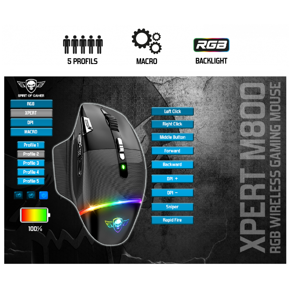 Souris Gamer Sans Fil SPIRIT OF GAMER XPERT-M800 RGB / Noir