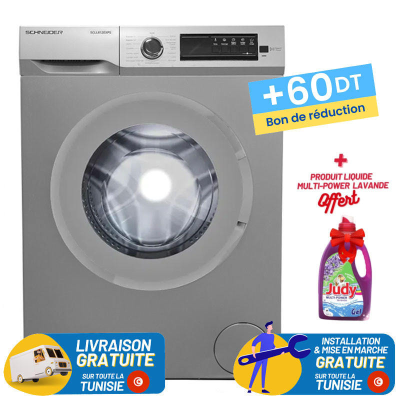 Machine à laver Frontale SCHNEIDER avec Afficheur 8 KG / Silver + 60DT Bon de réduction + Produit Liquide Multi-Power Lavande Offert