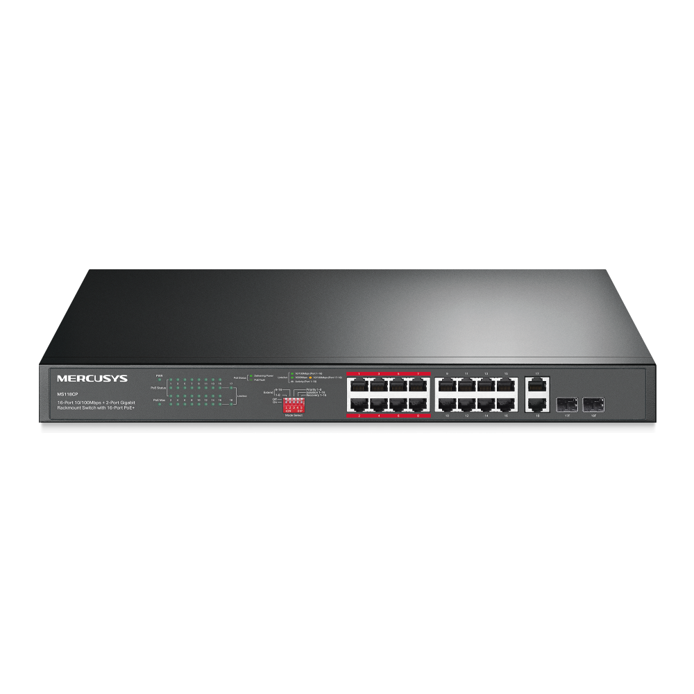 Switch Rackable Mercusys 16 Ports 10/100Mbps PoE+ avec 2 Ports Giga et 2 SFP 1Gb