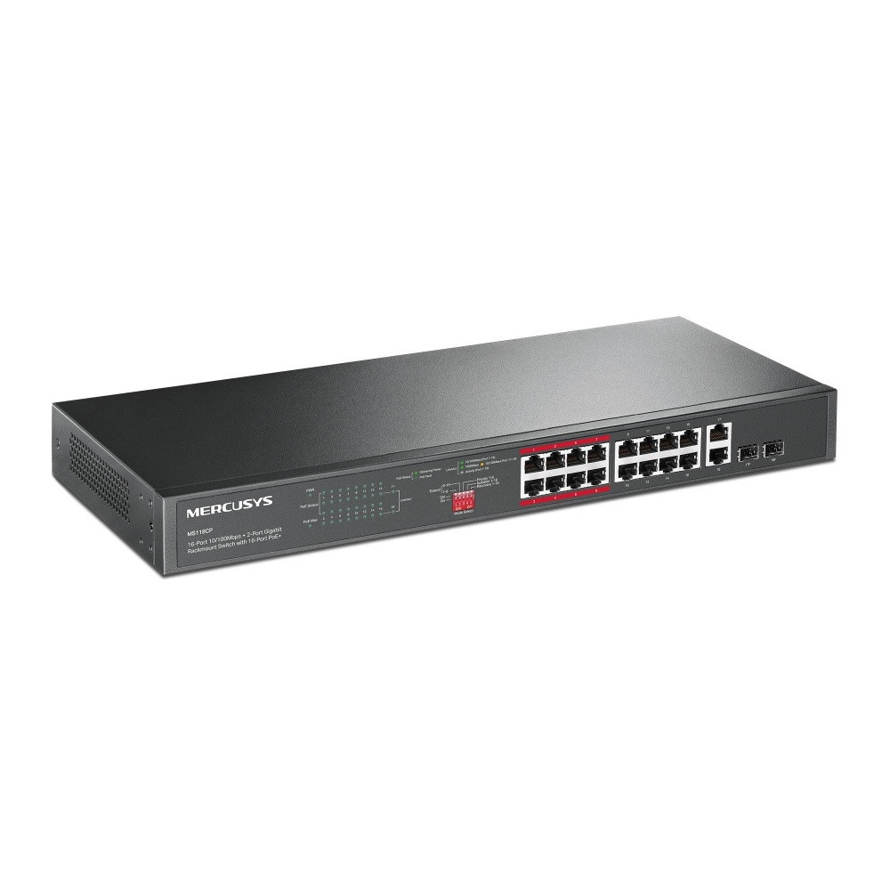 Switch Rackable Mercusys 16 Ports 10/100Mbps PoE+ avec 2 Ports Giga et 2 SFP 1Gb