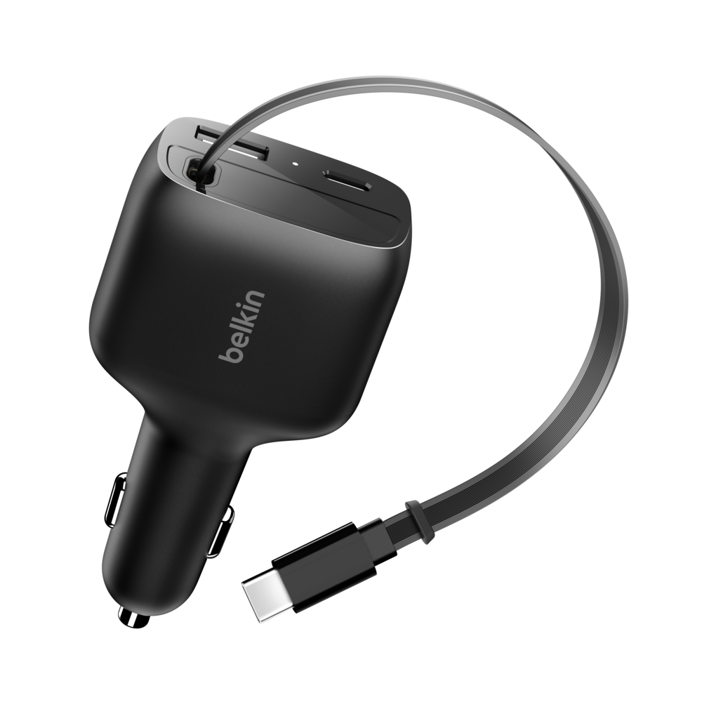 Chargeur de voiture rétractable Belkin BoostCharge 75 W à 2 ports / noir